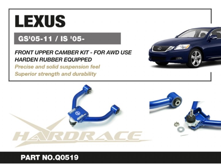 HR-Q0519 Lexus GS 05-11/ IS 05- (AWD) Främre Övre Camber-Stag V2. (Förstärkta Gummibussningar) - 2Delar/Set Hardrace