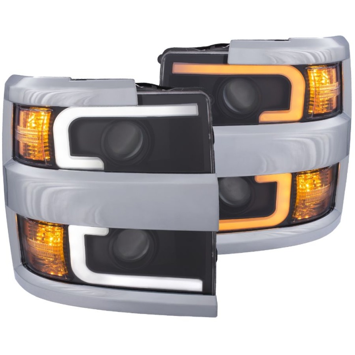 anz111365-3204 Chevrolet Silverado 2500HD 2015-2019 Projector Strålkastare Med Plank Style Switchback Svart / Orange (Krom Rim) ANZO