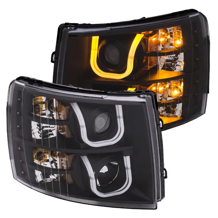 anz111384-3340 Chevrolet Silverado 1500 2007-2013 Projector Strålkastare Med U-Bar Switchback Svart / Orange ANZO