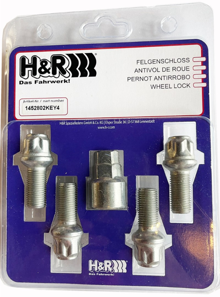 H&R Låsbultsats HR-1452802KEY4 M14x1,5 Sfärisk 14mm säte Silver, Längd 28mm Mercedes i gruppen Välj bilmodell hos DDESIGN Scandinavia AB (HR-1452802KEY4)