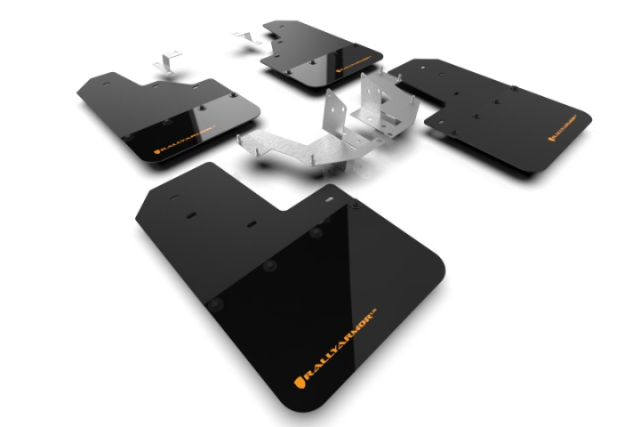 Ford Bronco (Stötfångare I Plast Ej Raptor/Sport Utan Tröskelskydd/Fotsteg) 2021-2025 Stänklappar Svarta Med Cyber Orange Logotyp Rally Armor i gruppen Välj bilmodell hos DDESIGN Scandinavia AB (MF85-NO-PL-COR)