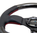 NRG Kolfiberratt med Lädergrepp / Röda Sömmar / Platt Botten 320mm