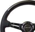 NRG Kolfiberratt med Svart Centrum / Lädergrepp Röda Sömmar 350mm (1.5\'\' Djup)
