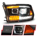 Dodge Ram 1500/2500/3500 (Alla Modeller) 2009-2018 (Inkl. 1500 Classic 19+) LED Strålkastare Svart med Klar Lins Plank Style ANZO